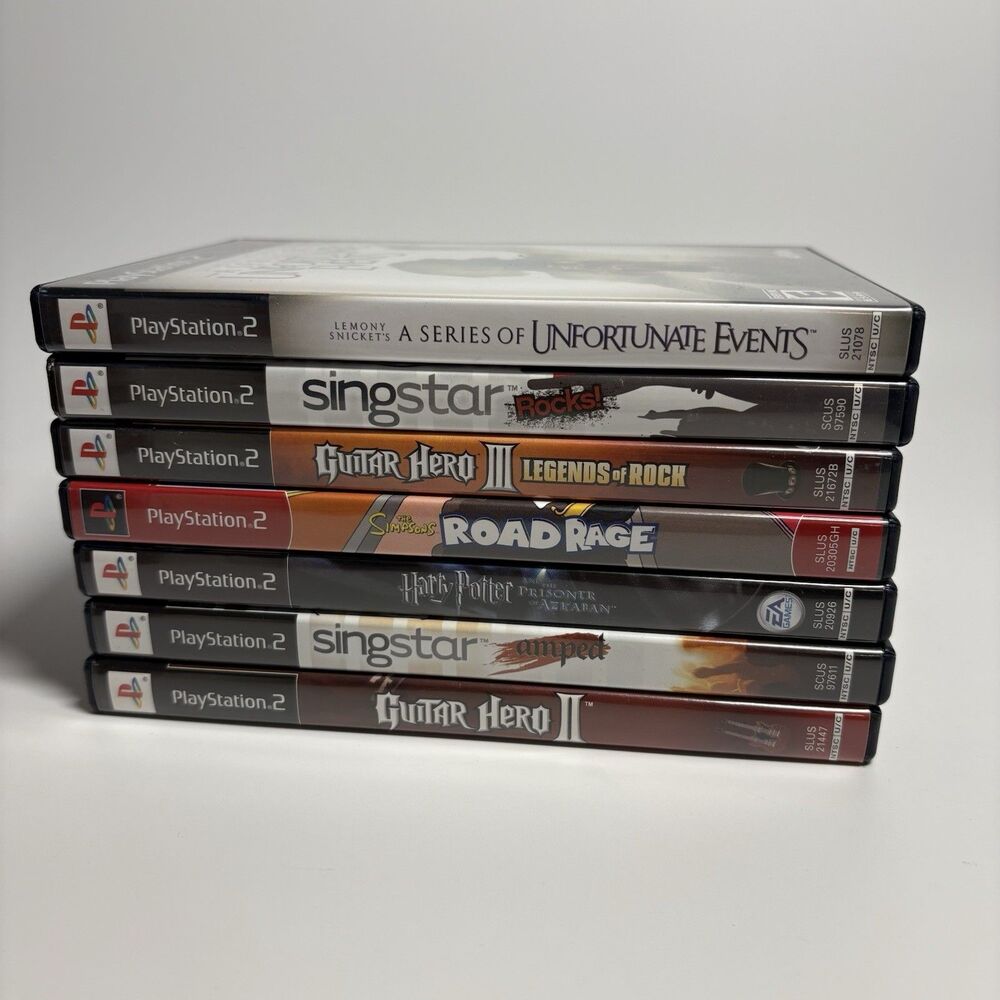 PS2 7 Game Lot 7 Guitar Hero 2 & 3, Simpsons Road Rage, Harry Potter, Singstar,